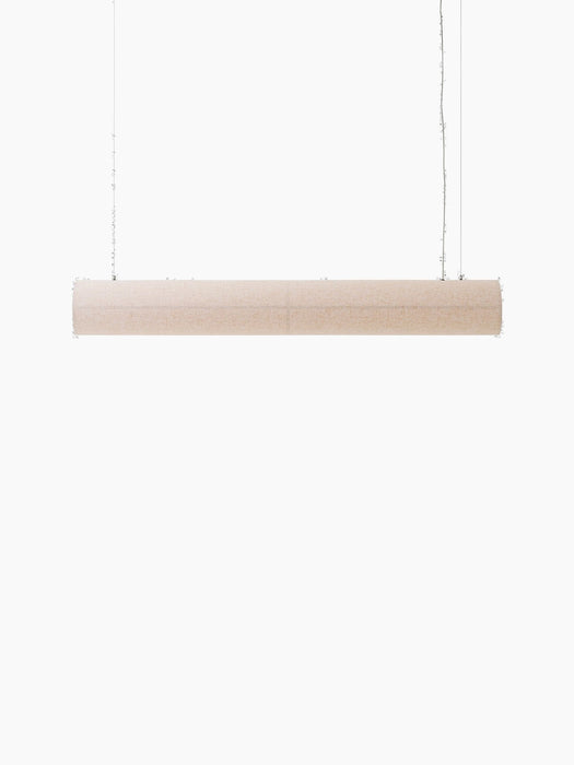 Front view of the Hashira Linear Pendant Lamp in Raw linen, shown unlit and suspended horizontally against a black background