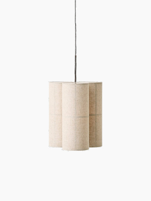 Front view of the Hashira Pendant Lamp, Cluster, showing three cylindrical raw linen shades against a black background.