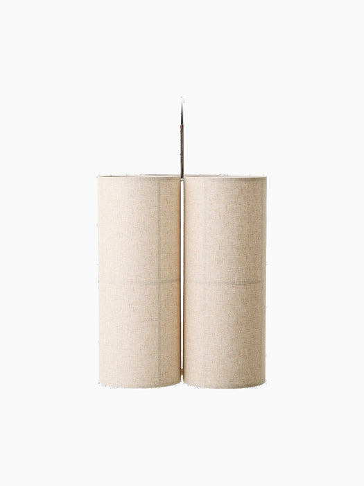 Side view of the Hashira Pendant Lamp, Cluster, showing two cylindrical raw linen shades against a black background.