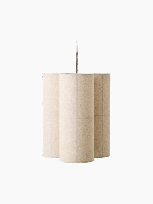A front view of the Hashira Pendant Lamp, Cluster, with three conjoined cylindrical shades of raw linen fabric.