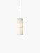 Front view of the small Hashira Pendant Lamp. The illuminated white linen shade reveals its internal graphic structure.