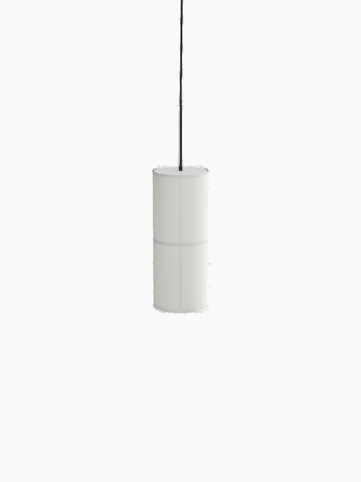Rear view of the small Hashira Pendant Lamp in white, featuring a cylindrical linen shade hanging from a black cord.