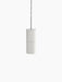 Rear view of the small Hashira Pendant Lamp in white, featuring a cylindrical linen shade hanging from a black cord.