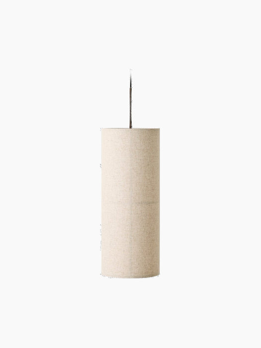 A front view of the Hashira Pendant Lamp with its cylindrical raw linen shade, suspended against a black background.