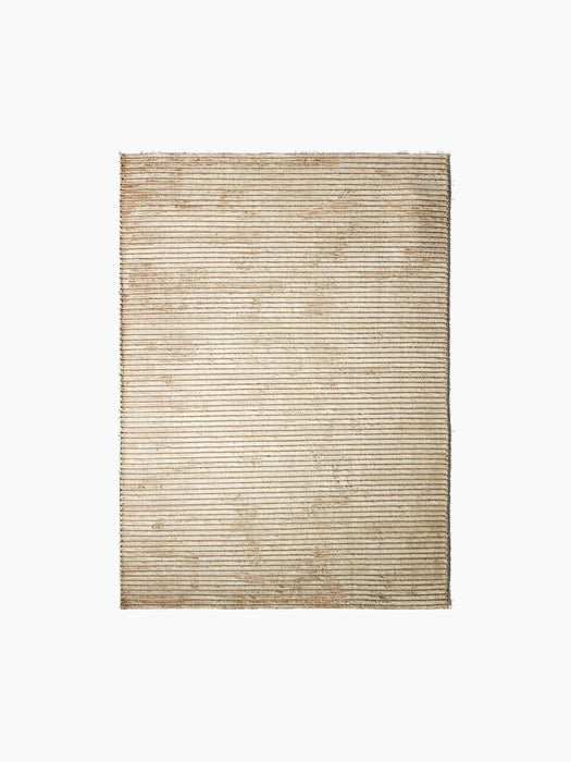 A square, beige Houkime Rug with a finely ribbed texture of horizontal lines, viewed from above on a black background.