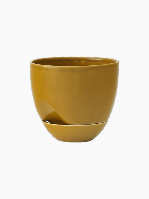 A glossy, ochre-coloured Hydrous Planter with an integrated saucer, shown at an angle against a black background.