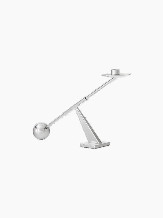 L'Équilibre Candlestick in polished chrome, featuring a balancing arm with a spherical counterweight and a candle holder