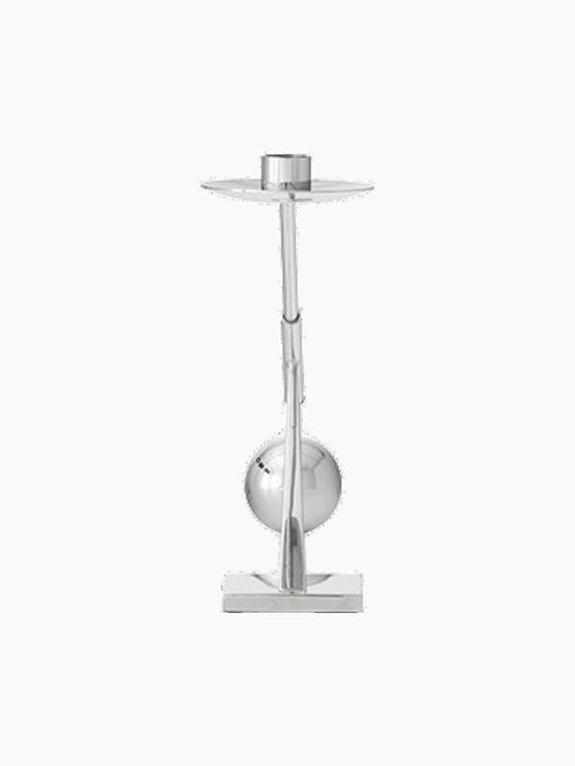 Front view of a tall, sculptural candlestick holder in polished chrome with a sphere on the stem and a rectangular base.