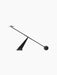 Front view of the black Interconnect Candle Holder. A rod with a candle plate is balanced on a triangular base by a sphere.