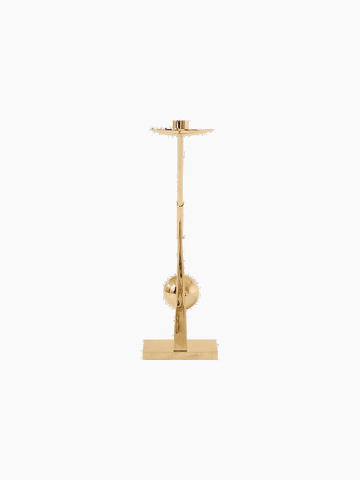 A front-on view of the sculptural Interconnect Candle Holder in polished brass, featuring a rectangular base and tall stem.