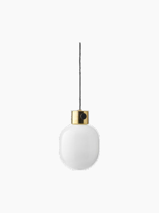 A JWDA Metallic Pendant Lamp with a polished brass fitting and an opaque white glass shade hanging from a black cord.
