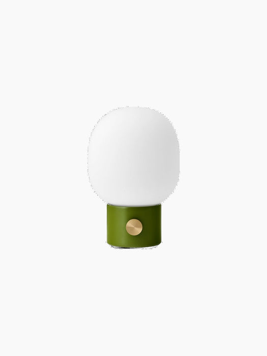 JWDA Table Lamp, Portable in dusty green, with a cylindrical base, brass dimmer switch, and an elliptical white glass shade.