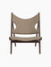Front view of the Knitting Lounge Chair in dark stained oak with Logan Flint upholstery, on a black background.
