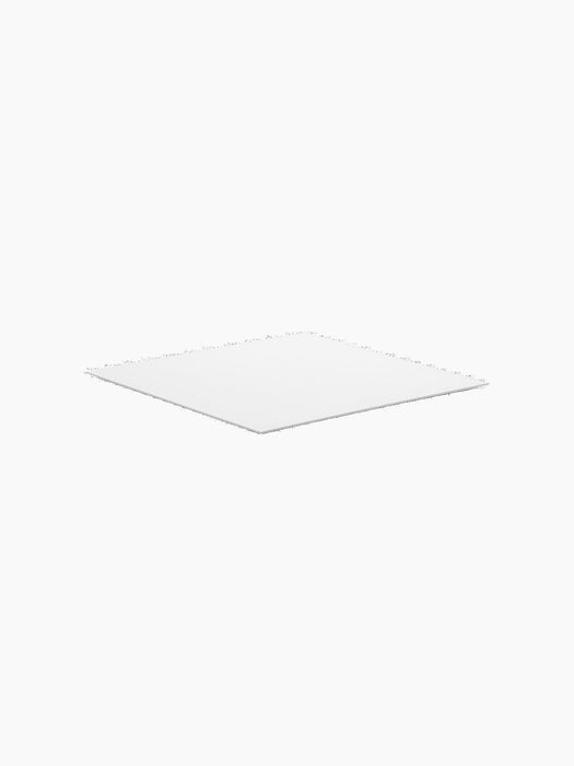 A thin, square, white plate, which is the Base for Kubus 8, shown at an angle against a plain black background.
