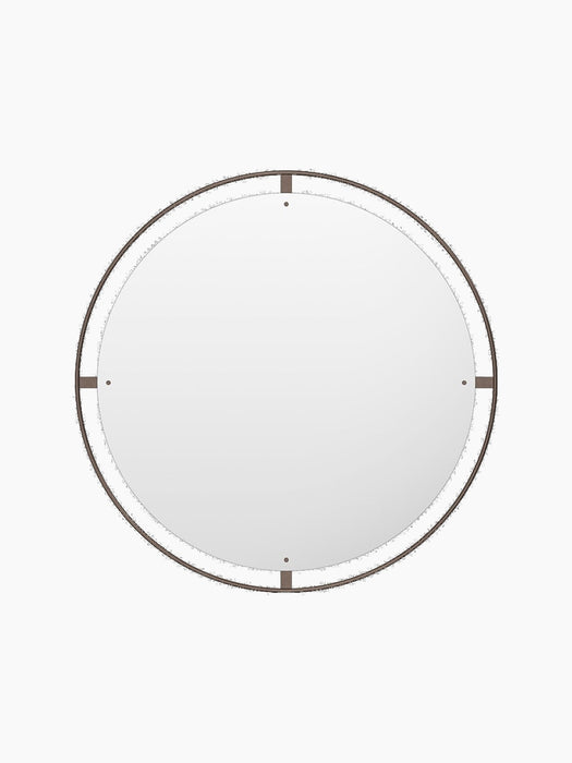 Front-on view of the large, circular Nimbus Mirror 110, featuring a delicate bronzed brass frame held by four small brackets.