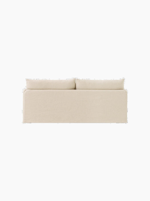 Back view of the 2-seater Offset Sofa with a Loose Cover in a light-coloured, textured Logan Jasmine fabric.
