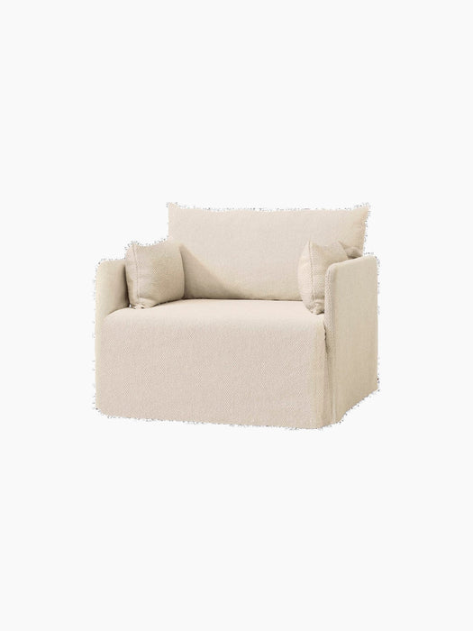 Angled view of the Offset Sofa w. Loose Cover, 1-seater, in textured Logan Jasmine fabric with two matching side cushions.