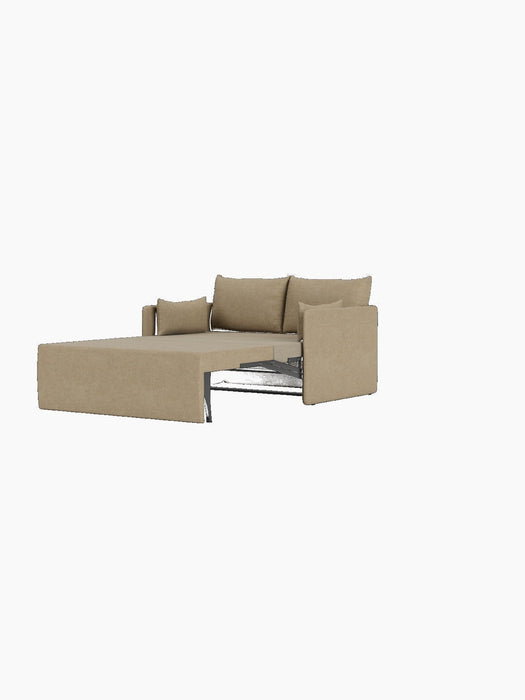 A side-front view of the Offset Sofa Bed upholstered in Audo Bouclé 02, shown fully extended into its bed position.