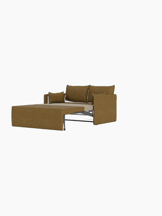 The Offset Sofa Bed, a 2-seater upholstered in brown Audo Bouclé 06 fabric, shown from the side as it pulls out into a bed.