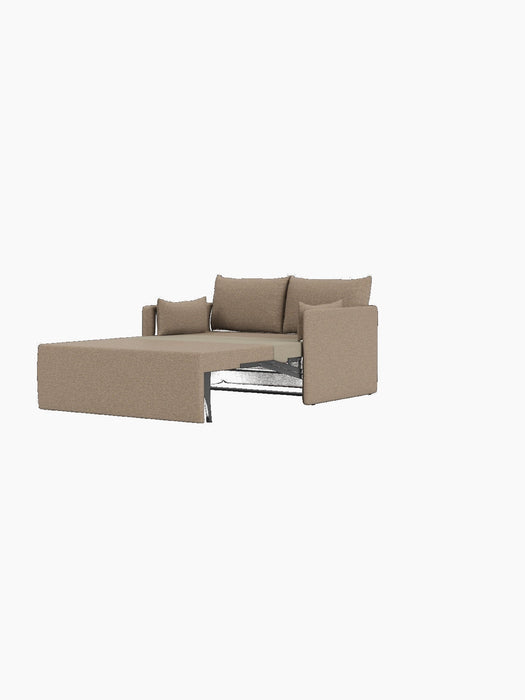The two-seater Offset Sofa Bed in textured Logan Flint fabric, pulled out into its bed position against a black background.