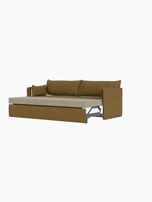 A 3-seater Offset Sofa Bed upholstered in Audo Bouclé 06, shown pulled out into its open bed position on a black background.