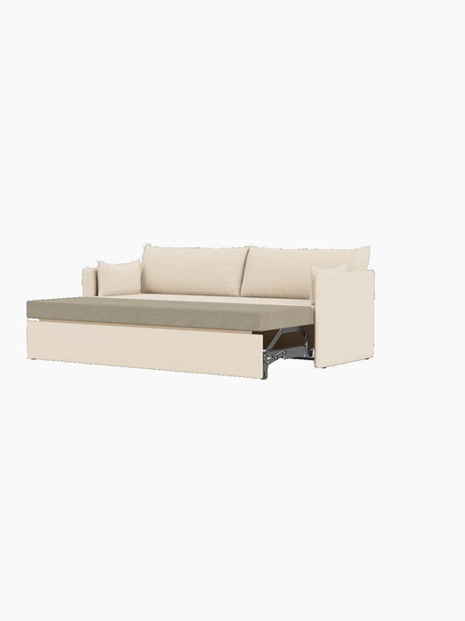 Side view of the Offset Sofa Bed in Logan Jasmine fabric, opened to show the bed mechanism and contrasting grey mattress.