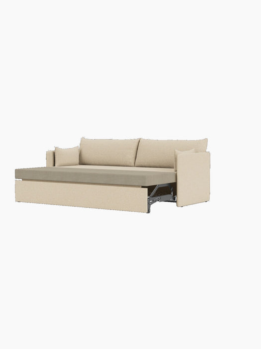Side view of the Offset Sofa Bed in Logan Sand fabric, partially opened to reveal the mattress and folding mechanism.