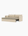 Side view of the Offset Sofa Bed in Logan Sand fabric, partially opened to reveal the mattress and folding mechanism.