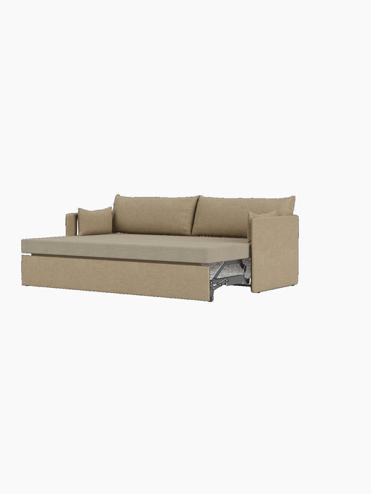 Side view of the Offset Sofa Bed in beige Audo Bouclé upholstery, partially extended to show the mattress and mechanism.