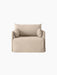 Frontal view of the Offset 1-Seater Sofa with a sand-coloured loose cover, large back cushion and two smaller side cushions.