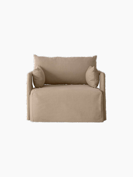 Front view of the Offset 1-Seater Sofa with a loose cover in textured Flint fabric, with a relaxed look and cushions.