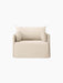 Front view of the one-seater Offset Sofa. It has a relaxed silhouette with a textured, light beige Logan Jasmine loose cover.