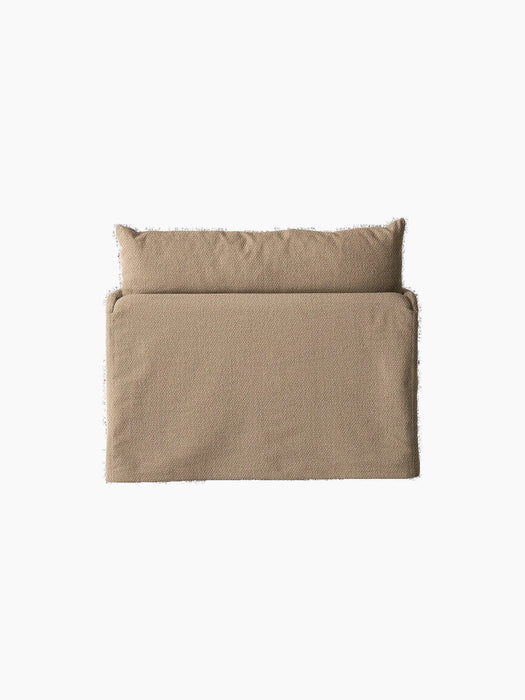 The back of a one-seater Offset Sofa with a loose cover in a textured, brownish-grey Flint fabric, on a black background.
