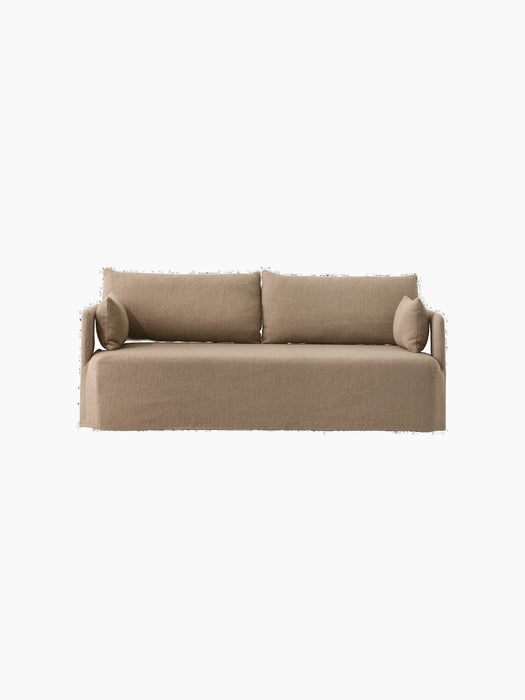 Front view of the Offset Sofa with Loose Cover, 2-seater in a textured, light grey Logan Flint fabric on a black background.
