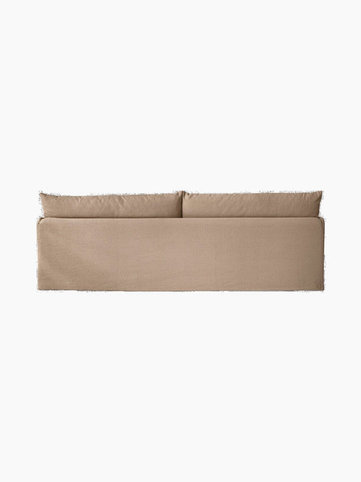 Back view of the Offset Sofa 3-Seater with a loose cover in a textured, light brown 'Flint' fabric on a black background.