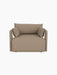 Front view of the Offset Sofa, a 1-seater armchair upholstered in textured Logan Flint fabric against a black background.