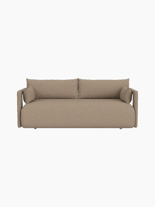 A front-on view of the modern Offset Sofa. This 2-seater is upholstered in a textured, light brown Logan Flint fabric.