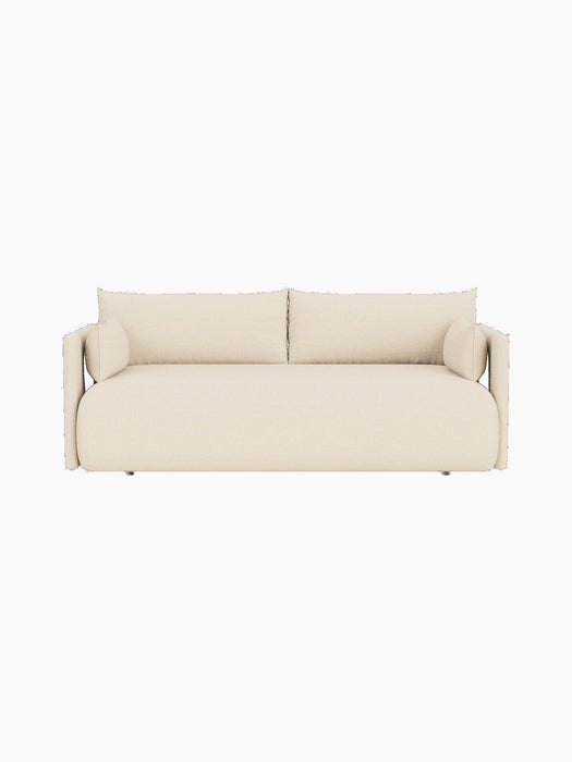 Front view of the Offset Sofa, a 2-seater model in a textured, light cream Logan Jasmine fabric, against a black background.