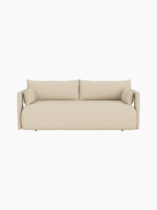 An overhead view of the Offset 2-Seater Sofa in textured, sandy-beige Logan Sand upholstery, isolated on a black background.