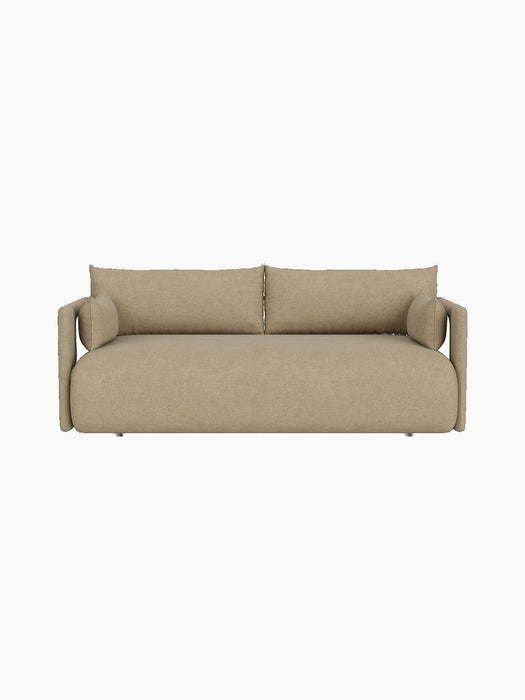 A top-down view of the Offset Sofa 2-seater, upholstered in a light beige Audo Bouclé 02 fabric, against a black background.