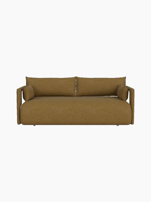 Front view of the Offset Sofa, 2-seater upholstered in textured, warm brown Audo Bouclé 06 fabric against black background.