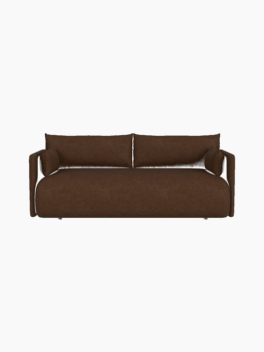 Front view of the brown, two-seater Offset Sofa in Audo Bouclé 07 fabric, shown against a plain black background.