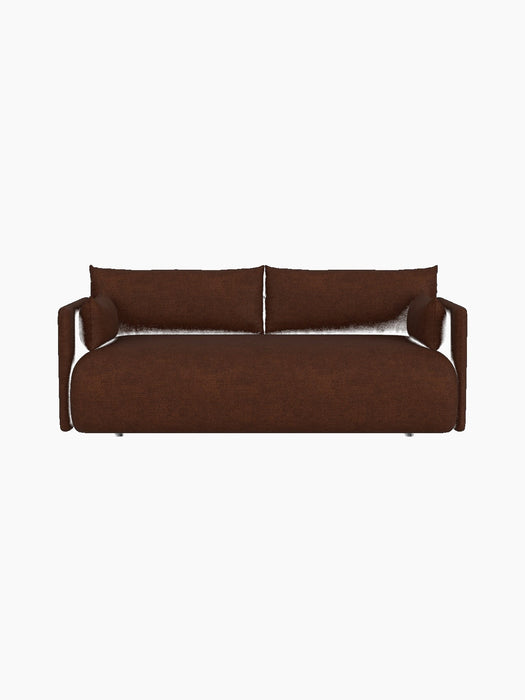 A front view of the Offset Sofa, a 2-seater upholstered in textured, brown Audo Bouclé 08 fabric against a black background.