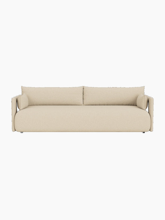 Top-down view of the Offset Sofa, a 3-seater upholstered in light beige Logan Sand fabric, isolated on a black background.