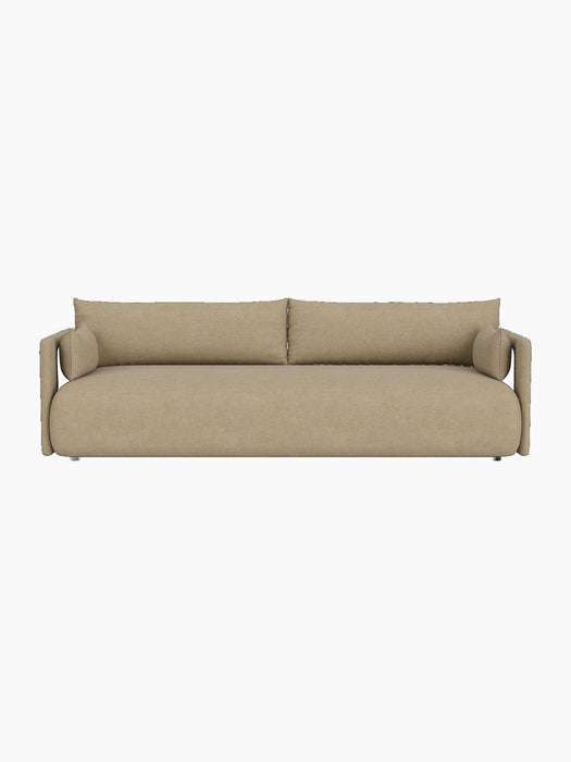 A front-on view of the Offset Sofa, a three-seater upholstered in Audo Bouclé 02, a light beige textured fabric.