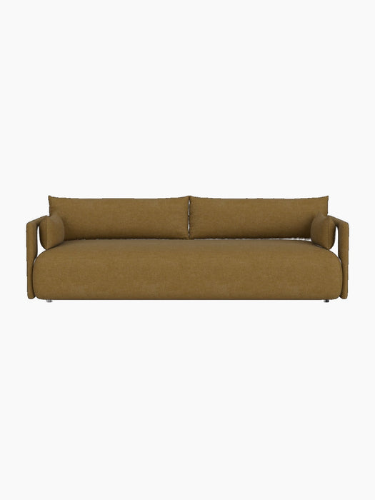 Front view of the modern Offset Sofa, 3-seater version, upholstered in a textured, mustard-yellow Audo Bouclé 06 fabric.