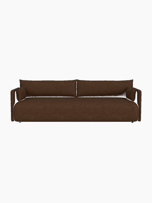 A front-facing view of the Offset Sofa, 3-seater, in brown Audo Bouclé 07 fabric on a black background.