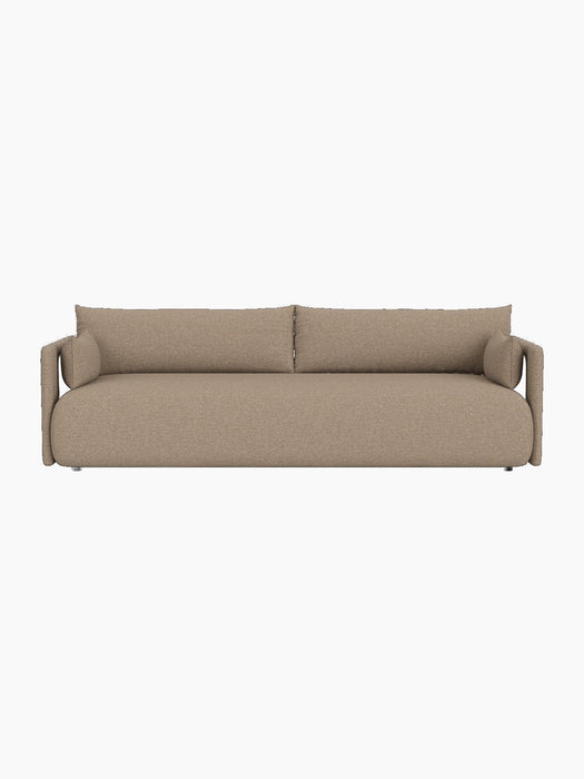 Front view of the Offset Sofa, a 3-seater model upholstered in a light brown Logan Flint fabric, shown on a black background.