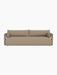 Front view of the Offset Sofa, a 3-seater model upholstered in a light brown Logan Flint fabric, shown on a black background.