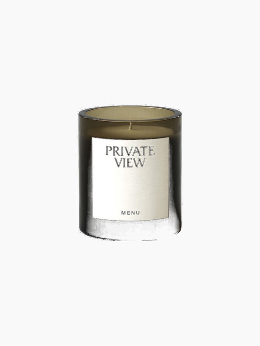 Olfacte Scented Candle, Private View. Dark glass jar with a white label that reads 'PRIVATE VIEW' and 'MENU'.